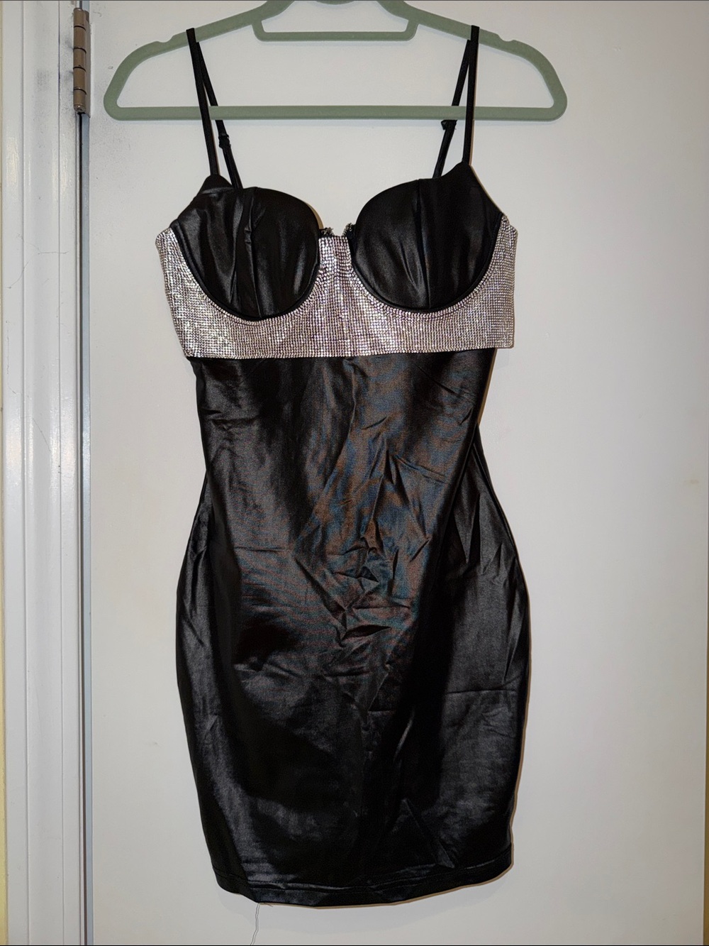 Black Satin Mini Dress with Rhinestone Bandeau